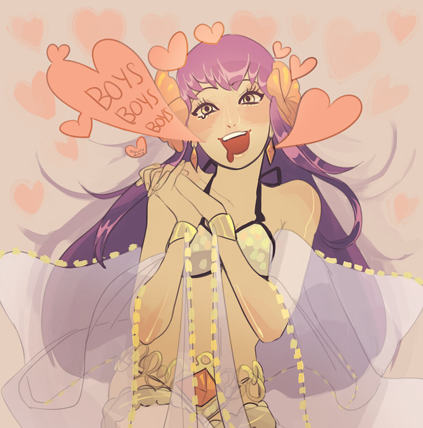 1girl bikini breasts coin_(ornament) commentary dancer_(ragnarok_online) english_commentary english_text flower gem grey_background hair_flower hair_ornament heart interlocked_fingers long_hair looking_at_viewer memoryjoule open_mouth orange_flower orange_gemstone own_hands_together purple_hair ragnarok_online shawl small_breasts solo swimsuit upper_body yellow_bikini yellow_eyes