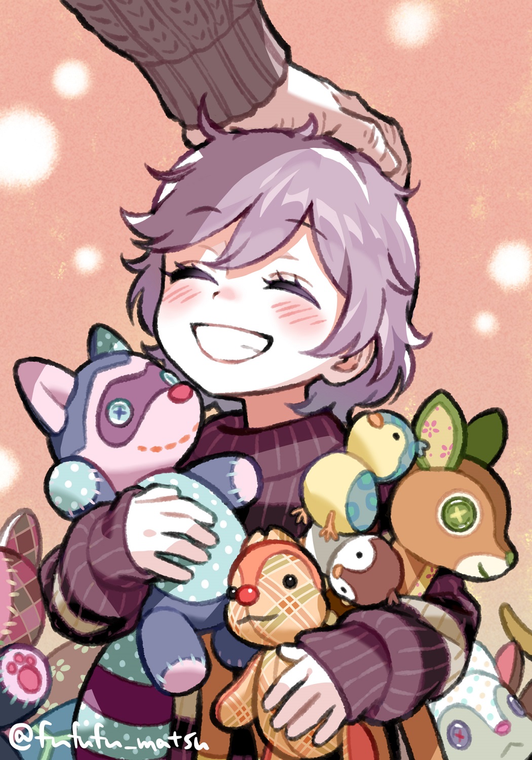 2boys aged_down character_request child closed_eyes commentary_request epel_felmier funuyu grin headpat highres holding holding_stuffed_toy male_focus multiple_boys purple_hair purple_sweater short_hair smile stuffed_animal stuffed_bird stuffed_deer stuffed_raccoon stuffed_squirrel stuffed_toy sweater twisted_wonderland