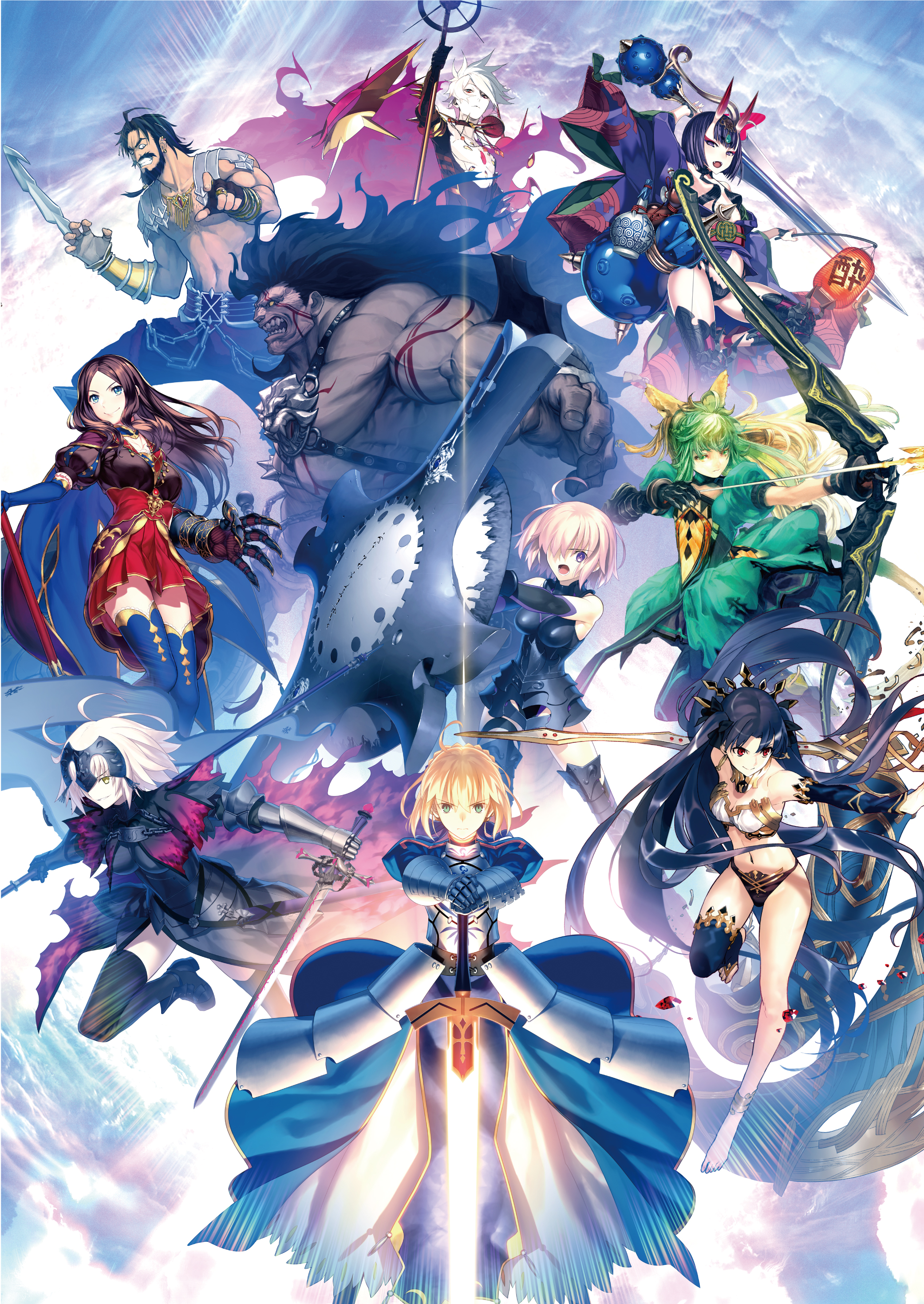 3boys 6+girls absurdres artist_collaboration artoria_pendragon_(fate) asai_genji atalanta_(fate) azusa_(hws) b_suke banner black_facial_hair dress edward_teach_(fate) facial_hair fate/grand_order fate/grand_order_arcade fate_(series) heracles_(fate) heracles_(third_ascension)_(fate) high-low_dress highres holding_banner honjou_raita ishtar_(fate) jeanne_d'arc_alter_(avenger)_(fate) jeanne_d'arc_alter_(fate) karna_(fate) key_visual leonardo_da_vinci_(fate) mash_kyrielight mash_kyrielight_(demi-servant) morii_shizuki multiple_boys multiple_girls official_art pako_(pakosun) promotional_art saber_(fate) shuten_douji_(fate) simosi takeuchi_takashi third-party_source topless_male
