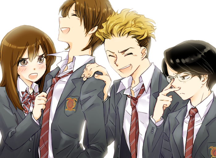 4boys black_hair blazer blonde_hair brown_eyes brown_hair crossdressing dress_shirt glasses kamen_rider kamen_rider_wizard_(series) kizaki_masanori long_hair male_focus multiple_boys nara_shunpei necktie neko_yuuko nitou_kousuke school_uniform shirt souma_haruto