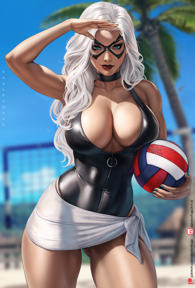 1girl abs adapted_costume ball beach beach_volleyball beachball black_cat_(marvel) black_one-piece_swimsuit blue_eyes breasts choker cleavage dandon_fuga day domino_mask felicia_hardy female_focus holding holding_ball large_breasts lips looking_at_viewer makeup marvel mask net no_bra one-piece_swimsuit outdoors parted_lips sarong smile solo spider-man_(series) summer swimsuit toned toned_female volleyball volleyball_(object) volleyball_net white_hair white_sarong