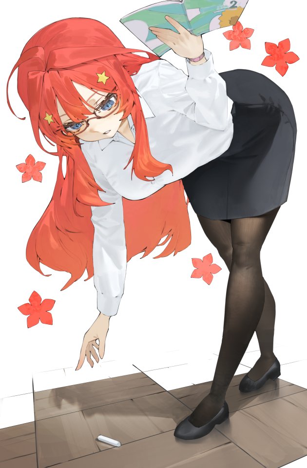 1girl alternate_costume bent_over black_footwear black_pantyhose black_skirt book breasts chalk collared_shirt commentary dress_shirt flats flower_symbol full_body glasses go-toubun_no_hanayome hair_ornament holding holding_book large_breasts long_hair long_sleeves mi8pq nakano_itsuki orange_hair pantyhose pencil_skirt picking_up reaching shirt skirt solo standing star_(symbol) star_hair_ornament tile_floor tiles very_long_hair watch white_background white_shirt wooden_floor wristwatch