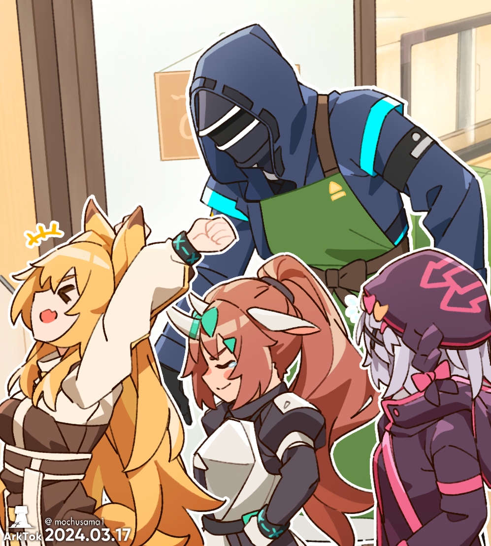 1other 3girls ambiguous_gender animal_ears apron arknights artist_name black_gloves bracelet brand_name_imitation bubble_(arknights) ceobe_(arknights) dated doctor_(arknights) dog_ears dog_girl gloves green_apron happy horns infection_monitor_(arknights) jewelry misunderstanding mochusama multiple_girls popukar_(arknights) rhinoceros_ears rhinoceros_girl tears tiktok