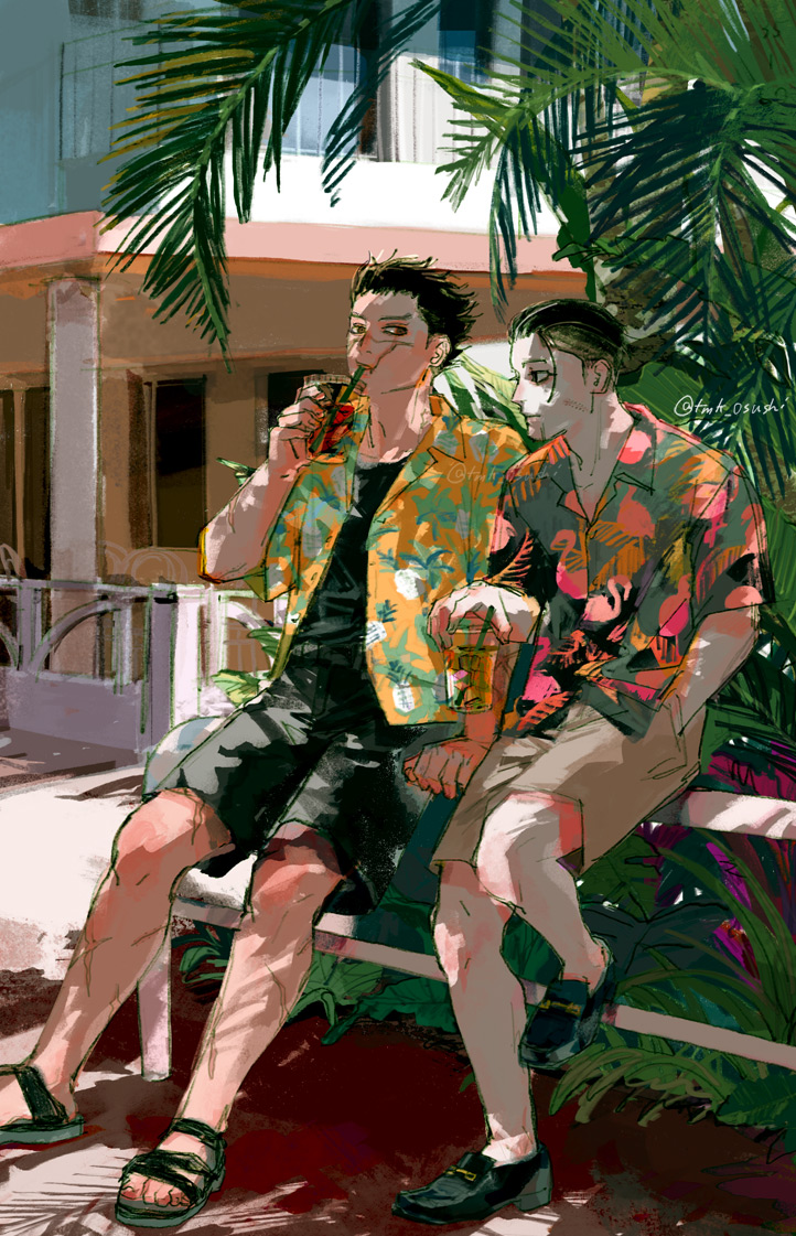 2boys black_eyes black_hair black_shoes black_shorts drink drinking golden_kamuy grey_shirt holding holding_drink male_focus multiple_boys ogata_hyakunosuke sandals shirt shoes short_hair shorts sugimoto_saichi tmk_osushi