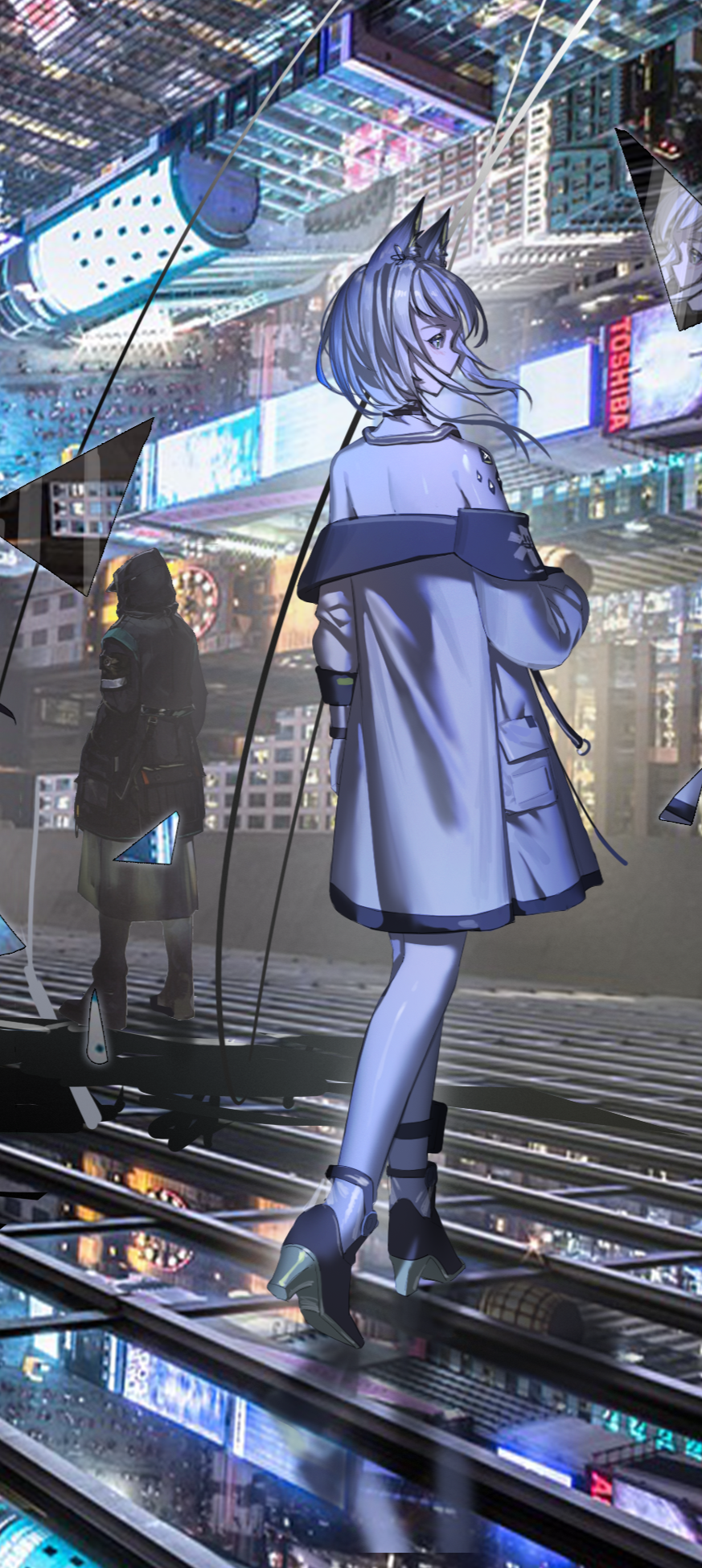 1boy 1girl animal_ears arknights bare_shoulders black_coat cat_ears coat doctor_(arknights) grey_hair high_heels highres kal&#039;tsit_(arknights) material_growth medium_hair night oripathy_lesion_(arknights) shale