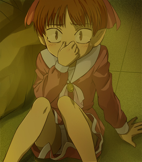 1girl bow feet_out_of_frame gegege_no_kitarou hair_bow haruyama_kazunori holding_nose looking_at_viewer nekomusume nekomusume_(gegege_no_kitarou_5) panties pink_bow pointy_ears red_hair short_hair sitting skirt slit_pupils solo sweatdrop underwear white_panties yellow_eyes