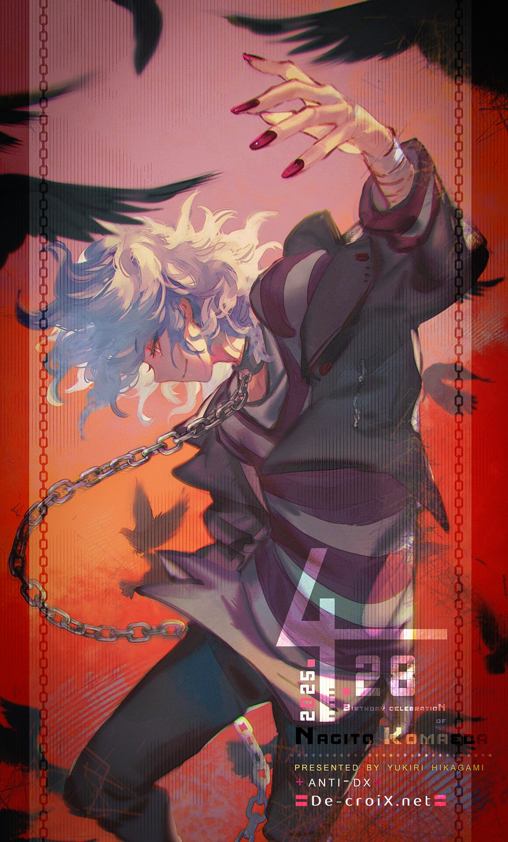 1boy arm_up artist_name black_feathers chain commentary_request danganronpa_(series) danganronpa_another_episode:_ultra_despair_girls dated eyelashes feathers green_jacket highres hikagami_yukiri jacket komaeda_nagito long_sleeves male_focus messy_hair nail_polish open_clothes open_jacket pants red_nails servant_(danganronpa) shirt short_hair smile solo striped_clothes striped_shirt watermark web_address white_hair