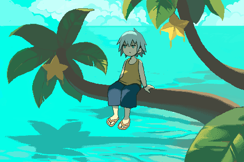 1boy aged_down animated animated_gif aqua_eyes blue_shorts blue_sky child cloud cloudy_sky commentary day english_commentary expressionless flip-flops food fruit fruit_tree full_body grey_hair kingdom_hearts leaf lowres male_focus ocean on_tree palm_tree riku_(kingdom_hearts) sandals shadow short_hair shorts sitting sky snoozaga solo tank_top tree tree_shade wind yellow_sandals yellow_tank_top