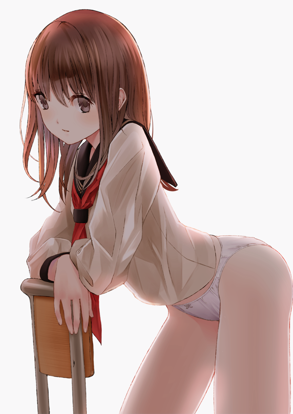 1girl bad_id bad_pixiv_id blouse brown_eyes brown_hair chair chikuwa_(glossymmmk) chikuwa_(odennabe) cowboy_shot female_focus leaning_forward legs_apart long_hair long_sleeves looking_at_viewer no_pants original panties school_uniform serafuku shirt simple_background solo underwear white_panties white_shirt
