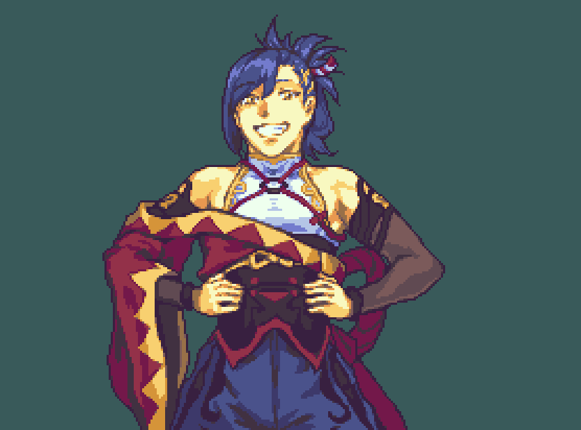 1boy bare_shoulders blue_hair fire_emblem fire_emblem_engage folded_ponytail glaceo japanese_clothes kagetsu_(fire_emblem) looking_at_viewer male_focus nintendo pixel_art smile yellow_eyes