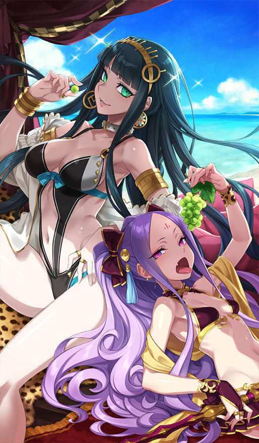 2girls armpits bare_legs beach belt_collar bikini black_hair black_one-piece_swimsuit blue_bow blue_sky blunt_bangs bow bow_bikini bracelet breasts breasts_apart bridal_gauntlets check_clothing cleopatra_(fate) cleopatra_(seaside_luxury)_(fate) clothing_request cloud collar commentary curly_hair day earrings eyeshadow facial_mark fang fate/grand_order fate_(series) feet_out_of_frame floating_hair food forehead_mark fruit gold_armlet gold_bracelet gold_earrings gold_hairband gold_ring gold_trim grapes green_eyes hair_bow hair_ornament hairband hand_on_own_hip holding holding_food holding_fruit holding_grape holding_staff horizon jewelry large_breasts long_hair long_sidelocks looking_at_viewer lying makeup midriff mismatched_earrings monokini multiple_girls navel ocean official_art on_back one-piece_swimsuit open_mouth outdoors parted_hair parted_lips pink_eyes pink_eyeshadow purple_hair red_bikini red_bow red_bridal_gauntlets ribbon ring saitou_hiroki sidelocks sitting sky small_breasts sparkle staff straight_hair swimsuit teeth third-party_source thumb_ring twintails two-tone_one-piece_swimsuit very_long_hair water white_collar wu_zetian_(fate) wu_zetian_(seaside_luxury)_(fate) yellow_ribbon
