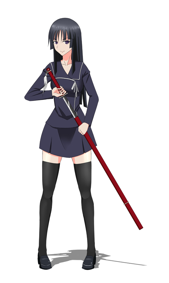 00s 1girl black_eyes black_hair black_thighhighs female_focus ga-rei ga-rei_zero holding holding_sword holding_weapon isayama_yomi katana long_hair looking_at_viewer northman sheath simple_background skirt solo sword thighhighs unsheathing weapon white_background