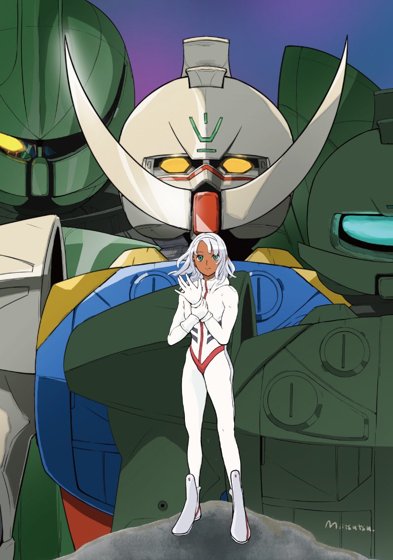 1boy artist_name blue_eyes bodysuit boots closed_mouth commentary_request dark-skinned_male dark_skin floating_hair gloves gundam hairband looking_at_viewer loran_cehack mecha mecha_pilot_suit medium_hair mitsutsu322 mobile_suit robot science_fiction spacesuit standing turn_a_gundam turn_a_gundam_(mobile_suit) turn_x white_bodysuit white_footwear white_gloves white_hair white_hairband yellow_eyes