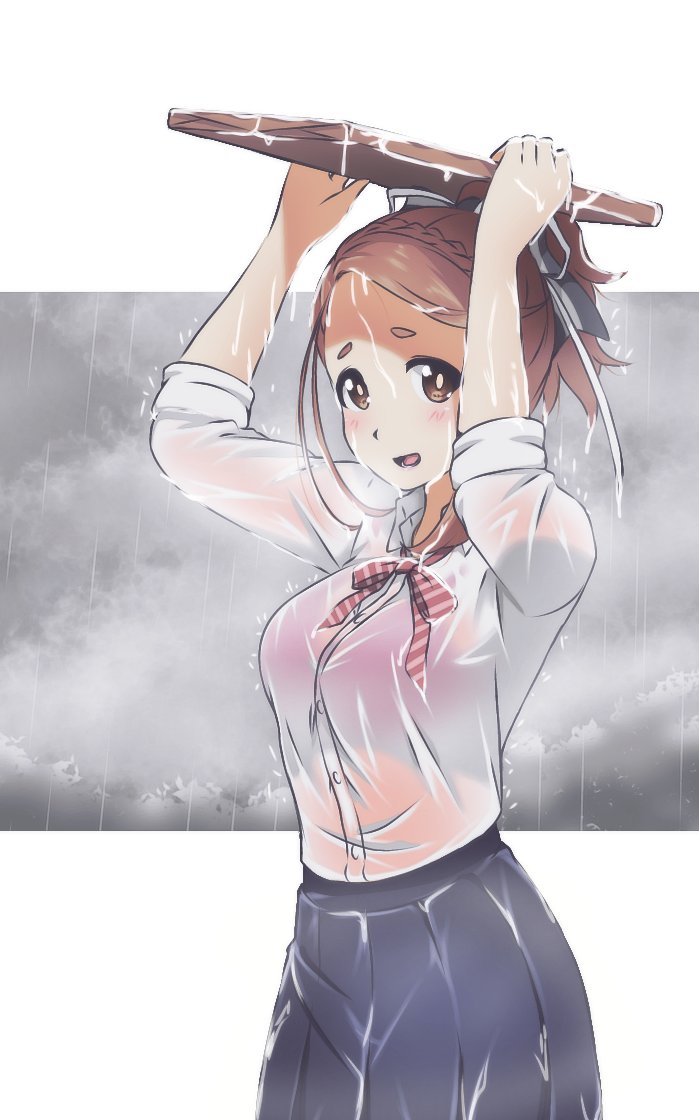 1girl 22/7 arms_up black_ribbon black_skirt blush bow bowtie braid brown_eyes brown_hair cowboy_shot diagonal-striped_bow diagonal-striped_bowtie diagonal-striped_clothes hair_ribbon high_ponytail hitorilily holding improvised_umbrella kono_miyako looking_at_viewer open_mouth orange_bow orange_bowtie pleated_skirt ponytail rain ribbon shirt single_braid skirt sleeves_rolled_up solo striped_clothes three_quarter_view wet wet_clothes white_ribbon white_shirt