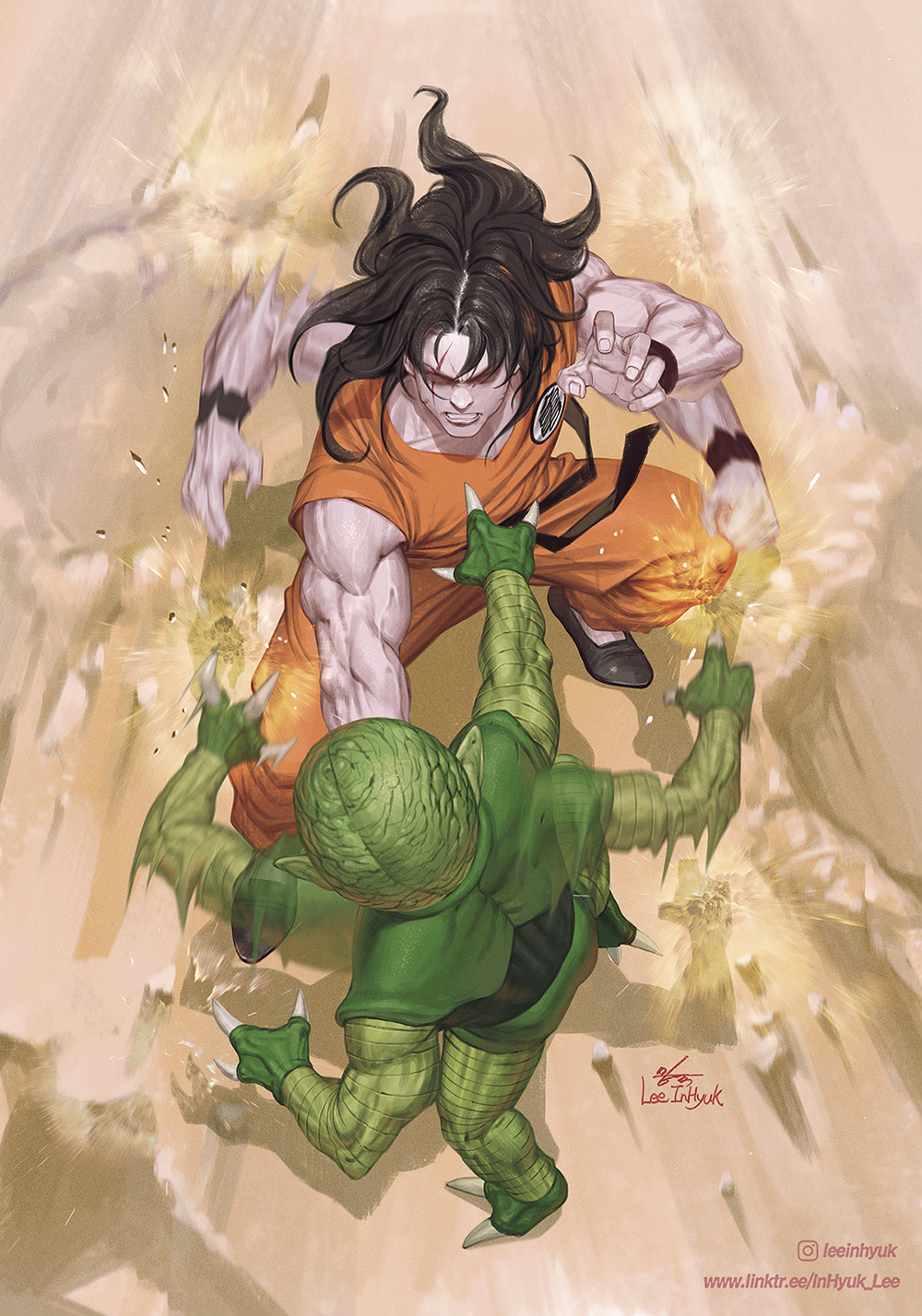 1boy 1other alien artist_name black_hair claws colored_skin commentary dragon_ball dragonball_z english_commentary fighting green_skin highres in-hyuk_lee male_focus muscular outdoors overhead pointy_ears saibaiman sand scar scar_across_eye scar_on_face yamcha