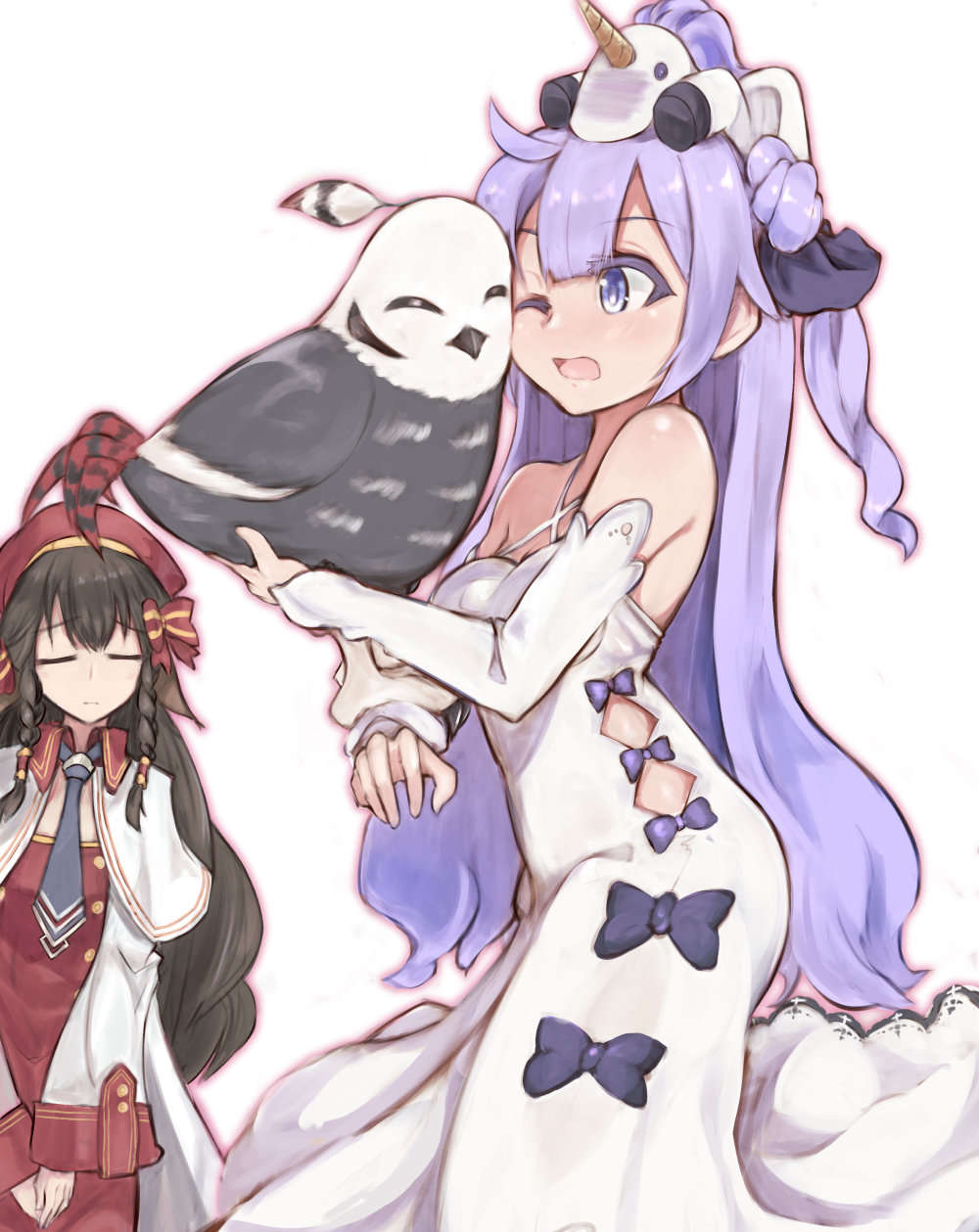 2girls ahoge animal azur_lane bare_shoulders beret bird black_bow black_hair black_ribbon bow breasts capelet closed_eyes closed_mouth commentary_request criss-cross_halter crossover detached_sleeves dress facing_viewer grey_neckwear hair_between_eyes hair_bow hair_bun hair_ribbon halterneck hat highres kakuma_ai long_hair long_sleeves marshall_k multiple_girls necktie on_head one_eye_closed one_side_up open_mouth purple_eyes purple_hair red_bow red_dress red_hat ribbon rulutieh side_bun single_hair_bun single_side_bun sleeves_past_wrists small_breasts striped_bow stuffed_animal stuffed_toy stuffed_winged_unicorn unicorn_(azur_lane) utawarerumono utawarerumono:_itsuwari_no_kamen very_long_hair white_background white_capelet white_dress white_sleeves wide_sleeves