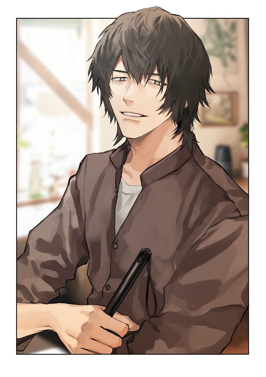1boy blurry blurry_background border brown_eyes brown_hair brown_shirt collared_shirt grin hair_between_eyes highres indoors long_sleeves looking_at_viewer male_focus original otani_(gloria) picture_frame shirt smile solo upper_body white_border white_shirt