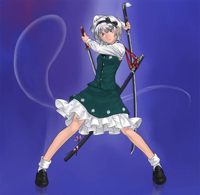 1girl dual_wielding female_focus flower full_body ghost gradient_background hairband holding katana konpaku_youmu konpaku_youmu_(ghost) muhamado plant short_hair silver_hair skirt solo sword tanto touhou weapon