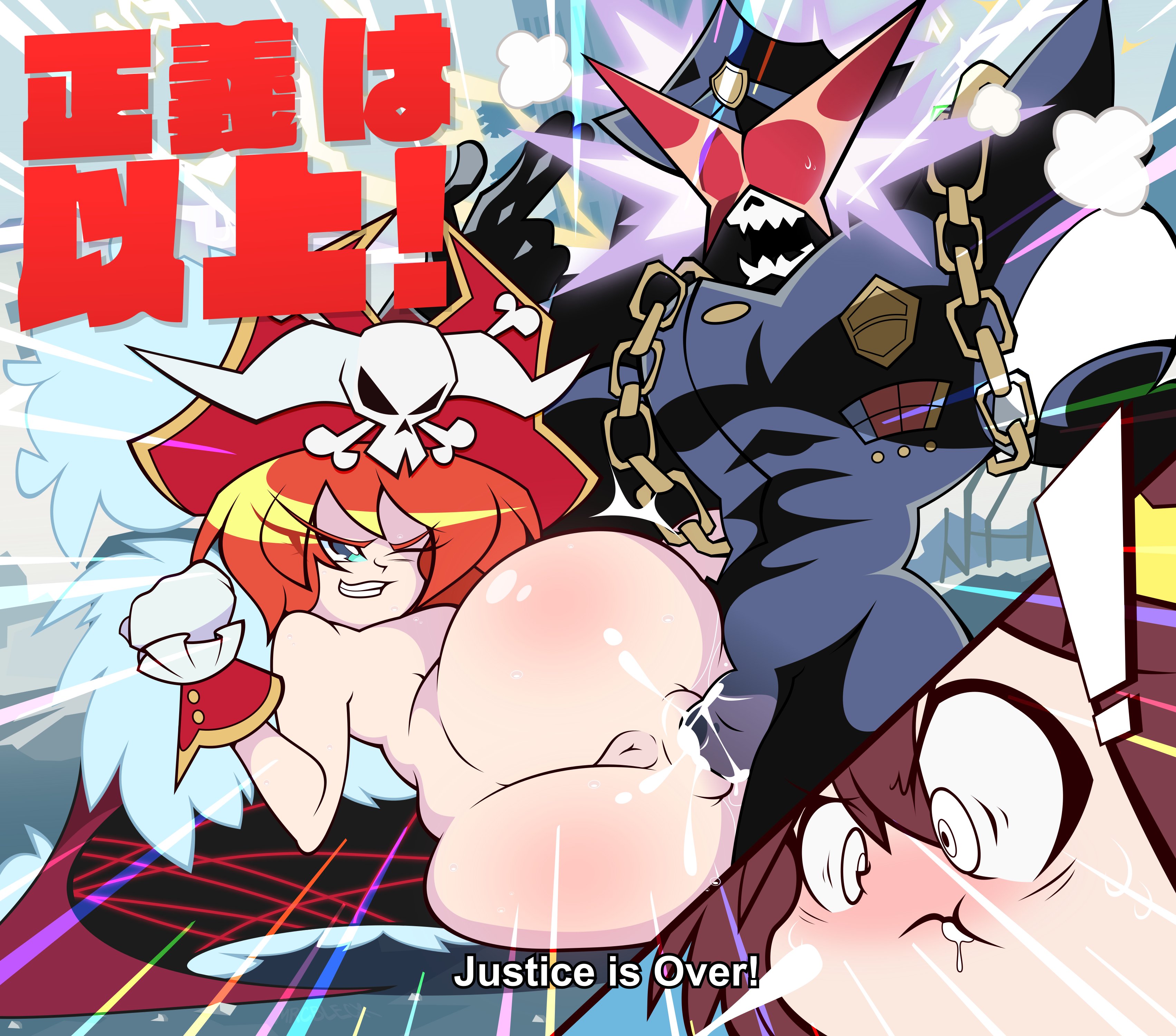 1boy 2girls absurdres anus ass blue_eyes breasts brown_hair cum cum_in_mouth cum_on_body english_text facial glasses highres huge_ass lalaco_godspeed luluco mrcbleck multiple_girls orange_hair over_justice sex skull skull_head uchuu_patrol_luluco