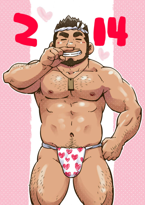 1boy 2014 armpit_hair bara beard brown_hair bulge chest_hair dark-skinned_male dark_skin facial_hair facing_viewer finger_to_own_nose hachimaki headband heart heart_print jewelry leg_hair light_blush male_focus mature_male muscular muscular_male navel navel_hair necklace nipples original print_fundoshi short_hair solo stomach suv_(suv032) thick_eyebrows thick_thighs thighs topless_male