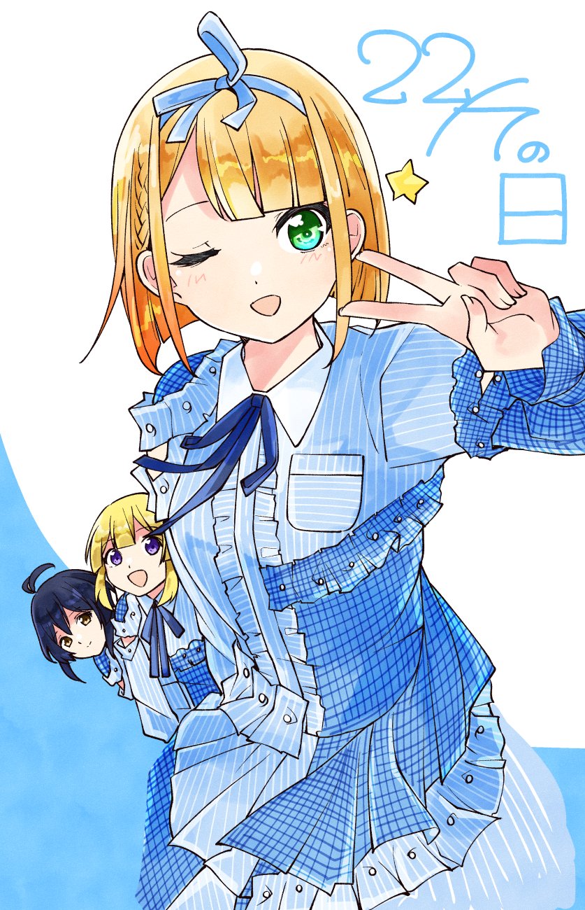 22/7 3girls :d ;d ahoge asymmetrical_bangs black_hair blonde_hair blue_dress blue_hairband blue_ribbon blush bob_cut brown_hair closed_mouth dress frilled_dress frills fujima_sakura green_eyes hairband highres inverted_bob long_hair long_sleeves looking_at_another looking_at_viewer multiple_girls muzui neck_ribbon one_eye_closed open_mouth purple_eyes ribbon saito_nicole short_hair smile solo_focus standing takigawa_miu trefle_r v v_over_eye