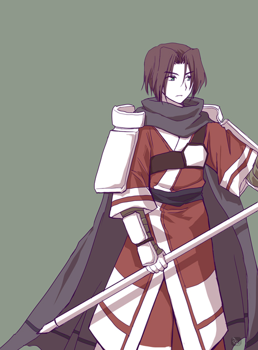 1boy aiknwuriknru ainu_clothes aqua_eyes aquaplus benawi brown_hair cape closed_mouth cowboy_shot gauntlets holding holding_polearm holding_spear holding_weapon nose parted_bangs polearm short_hair short_sleeves solo spear standing utawarerumono weapon wide_sleeves