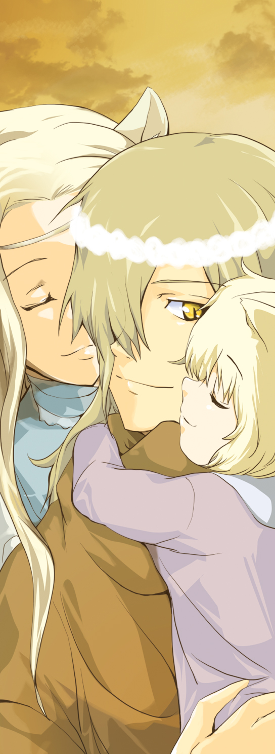 00s 1boy 2girls animal_ears bad_id bad_pixiv_id blonde_hair child circlet closed_eyes family head_wreath highres hug memusu multiple_girls smile soyoking tengen_toppa_gurren_lagann tsuuma viral_(ttgl) yellow_eyes