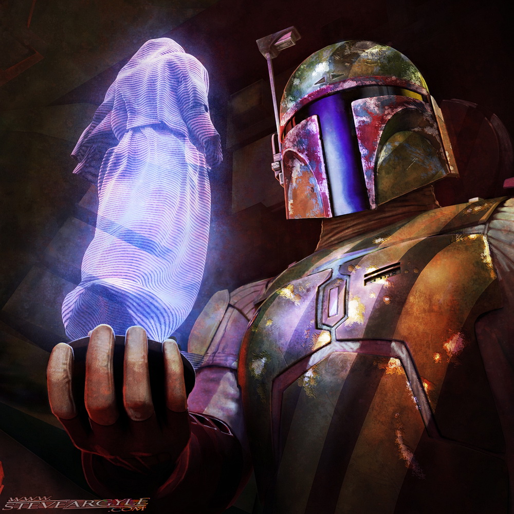 2boys armor boba_fett commentary english_commentary green_armor helmet hologram male_focus multiple_boys palpatine realistic signature star_wars steve_argyle upper_body