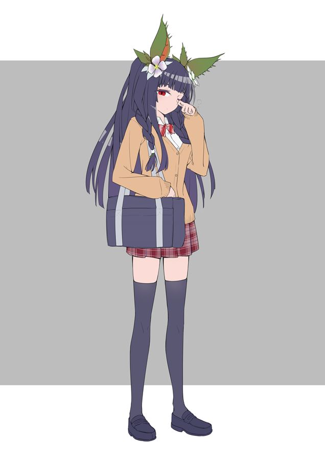 1girl bag black_hair blazer bow bowtie braid contemporary duel_monster flower full_body grey_background hair_flower hair_ornament jacket one_eye_closed red_eyes school_bag school_uniform shoes shun_no_shun simple_background skirt sleepy solo thighhighs traptrix_dionaea twin_braids yu-gi-oh!