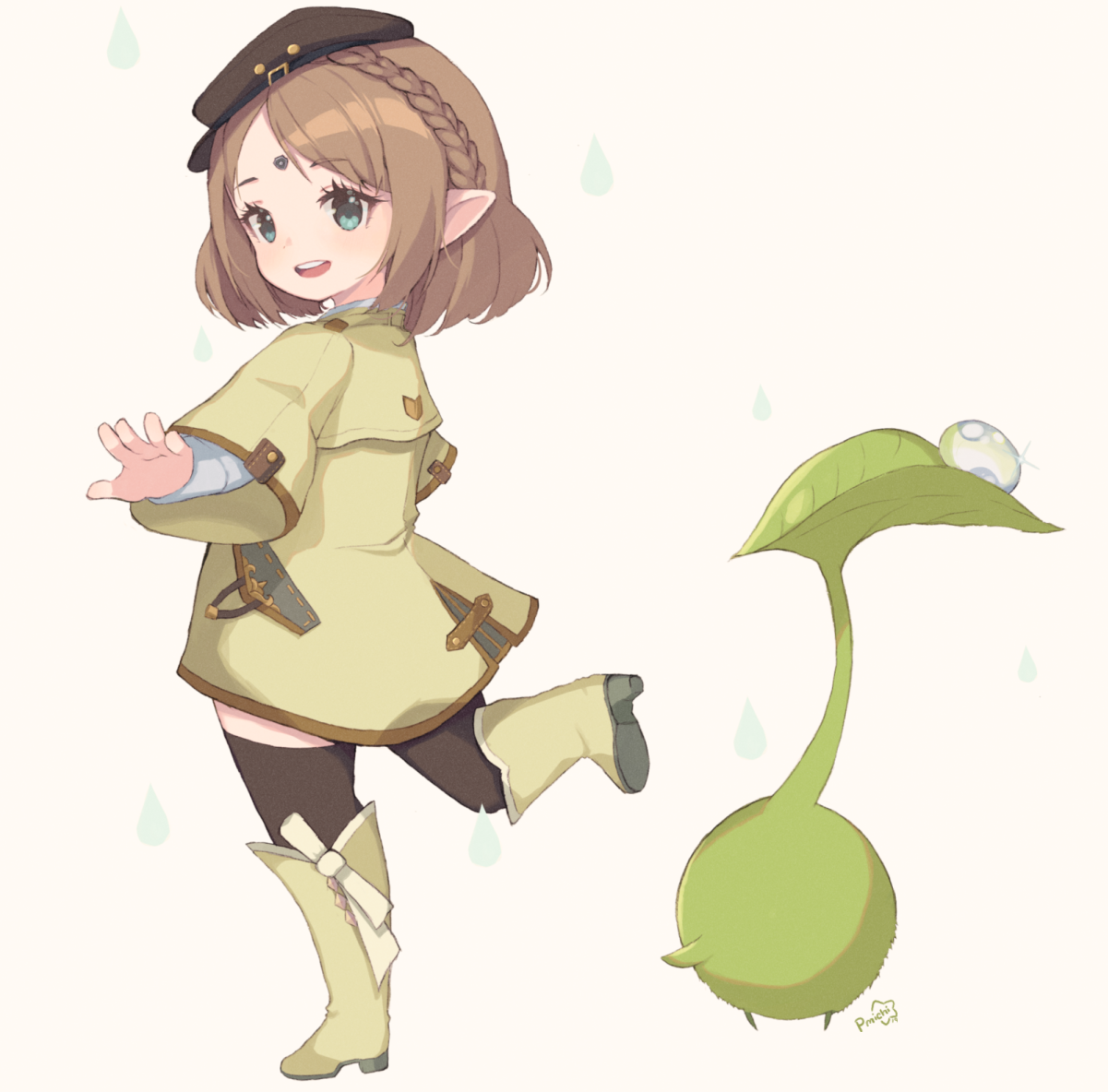 1girl asagawa_mikan_(peachy_michi) black_thighhighs blue_eyes boots braid brown_hair coat female_focus final_fantasy final_fantasy_xiv forehead_jewel from_behind full_body hat lalafell looking_at_viewer looking_back pointy_ears short_hair signature simple_background solo standing thighhighs white_background
