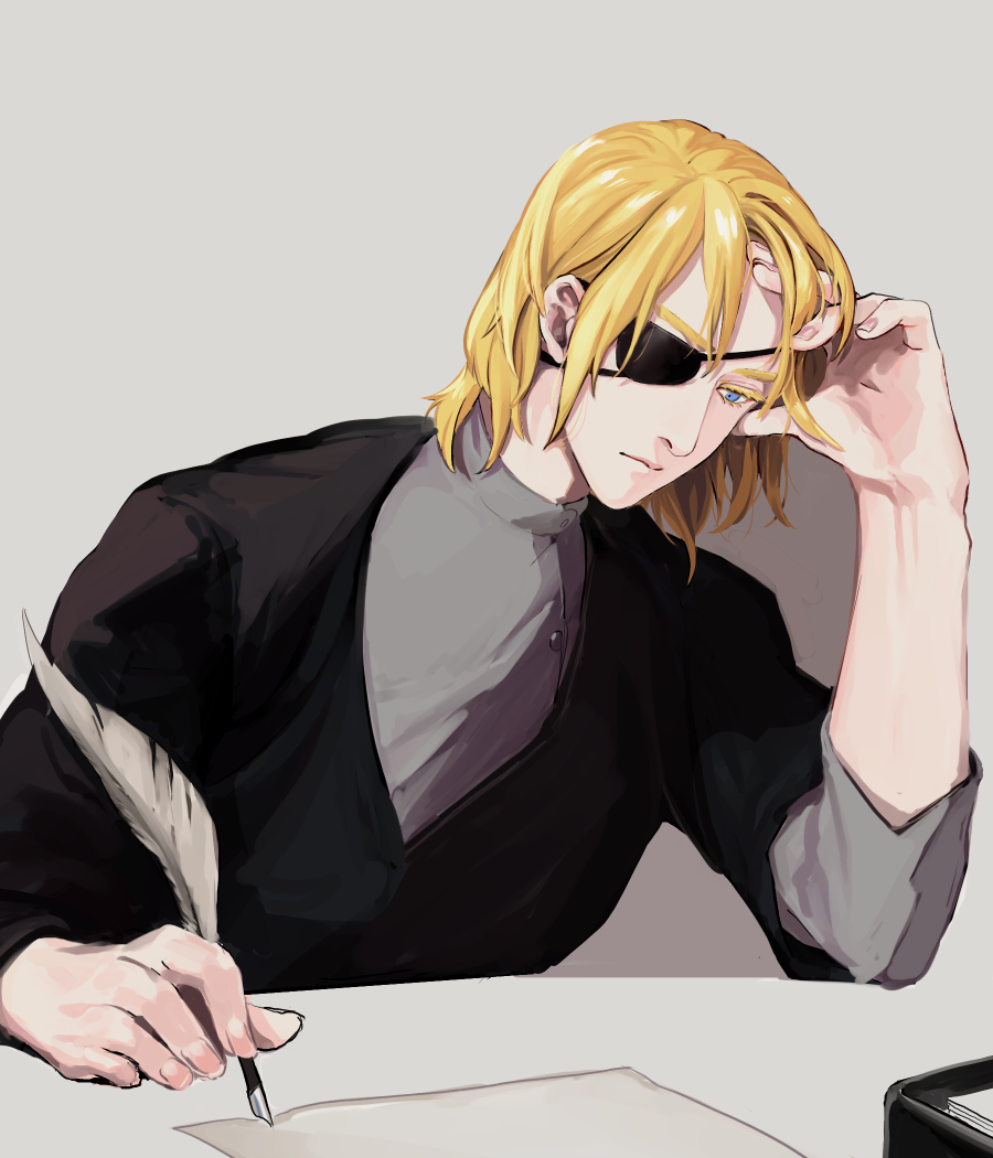 1boy black_shirt blonde_hair blue_eyes closed_mouth commentary_request dimitri_alexandre_blaiddyd dimitri_alexandre_blaiddyd_(timeskip) elbow_rest emcgame eyepatch fingernails fire_emblem fire_emblem:_three_houses grey_background grey_shirt hand_on_own_face holding holding_quill layered_clothes layered_sleeves long_sleeves looking_down male_focus nintendo one_eye_covered paper quill shirt short_over_long_sleeves short_sleeves simple_background sitting solo turtleneck