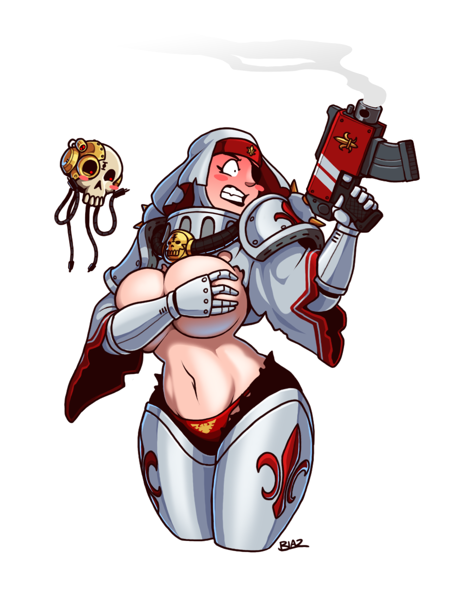 1girl 1other adepta_sororitas armor black_lips blazbaros blush blush_stickers bolt_pistol breasts constricted_pupils covering_privates covering_breasts cropped_legs embarrassed eyepatch fang gauntlets gun habit highres huge_breasts navel no_bra one-eyed orders_hospitaller panties pantyshot pauldrons servitor shoulder_armor smoke smoking_barrel solo_focus torn_clothes underwear warhammer_40k weapon