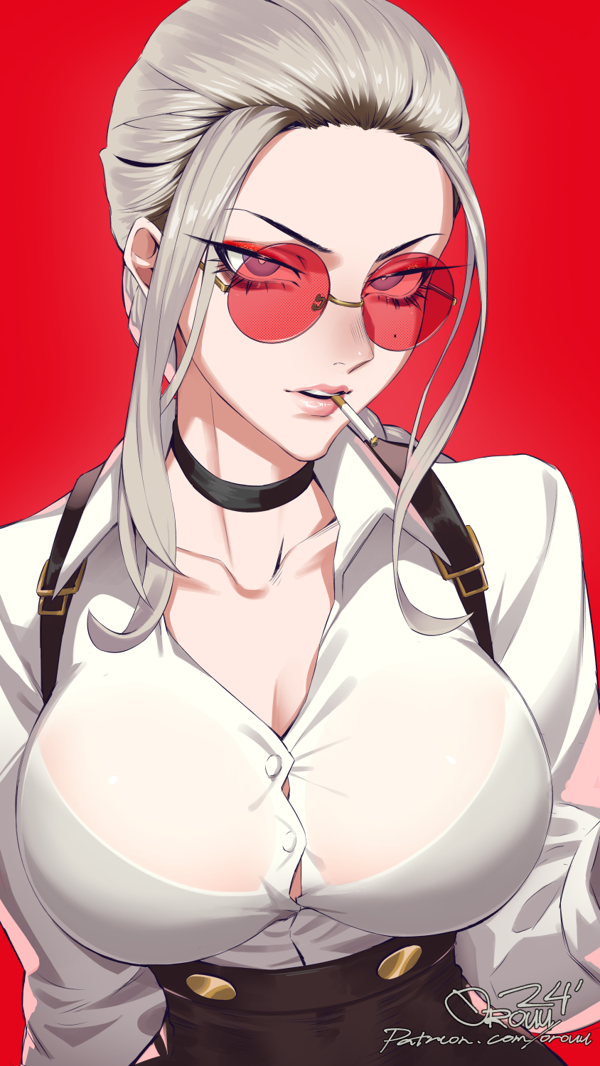 1girl artist_name blonde_hair breasts brown_hair choker cigarette cleavage collarbone commentary gokurakugai highres large_breasts long_sleeves looking_at_viewer mature_female mole mole_on_cheek mouth_hold multicolored_hair orouu patreon_username purple_eyes red-framed_eyewear red_background round_eyewear shirt_tucked_in simple_background smoking solo tao_(gokurakugai) teeth two-tone_hair upper_body upper_teeth_only