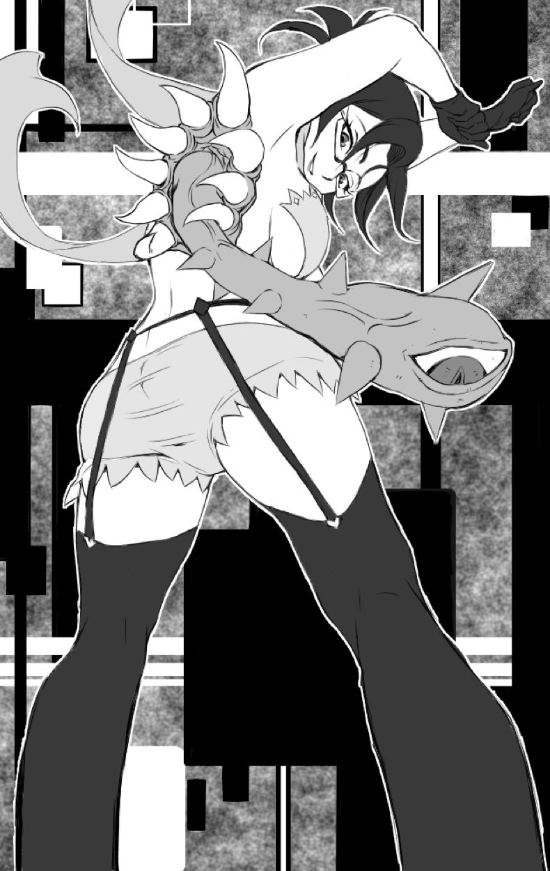 1girl arms_up black_hair cowboy_shot extra_eyes extra_mouth folded_ponytail from_behind garter_belt garter_straps glasses gloves greyscale highres looking_at_viewer looking_back looking_down monochrome parted_lips semi-rimless_eyewear sharp_teeth skullgirls smile solo teeth thighhighs ungly venus_(skullgirls)
