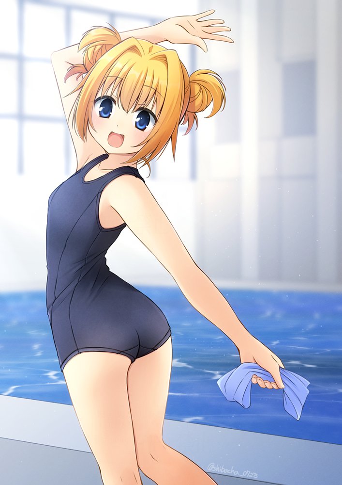 1girl ass blonde_hair blue_eyes blue_one-piece_swimsuit chitose_sana commentary_request commission double_bun feet_out_of_frame hair_bun hair_intakes holding indoors old_school_swimsuit one-piece_swimsuit pool school_swimsuit shibacha short_hair skeb_commission smile solo swimsuit tenshinranman unworn_swim_cap