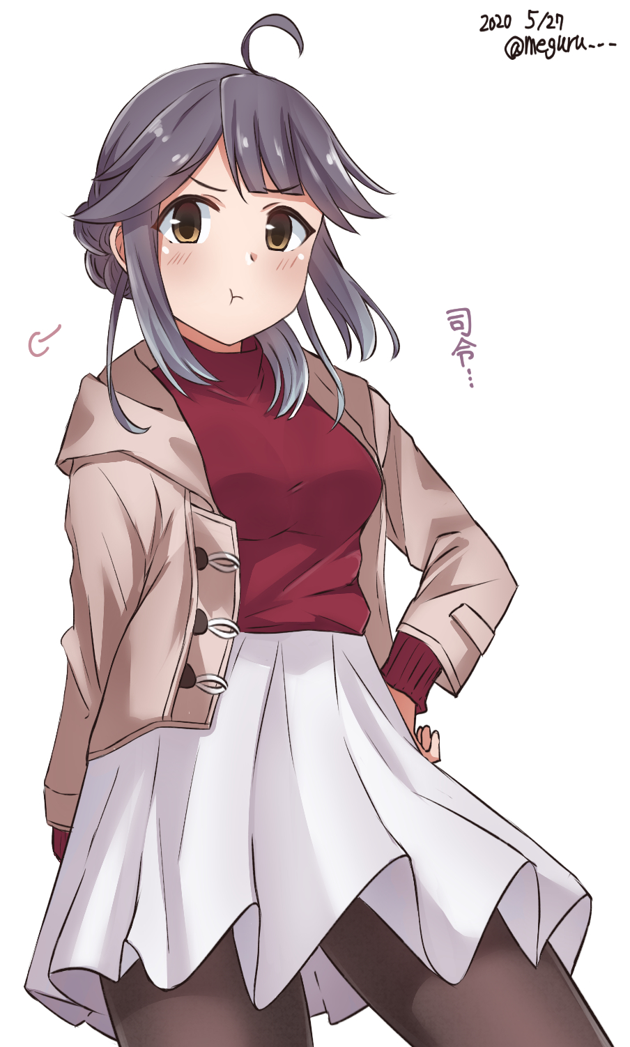 1girl :t ahoge bad_id bad_twitter_id black_pantyhose brown_eyes brown_jacket commentary_request contrapposto cowboy_shot female_focus grey_hair hair_ribbon hayanami_(kancolle) hayanami_(valentine)_(kancolle) highres hood hooded_jacket hoodie jacket kantai_collection meguru_(megurunn) one-hour_drawing_challenge pantyhose ponytail pout red_sweater ribbon short_hair sidelocks simple_background skirt solo standing sweater white_background white_ribbon white_skirt