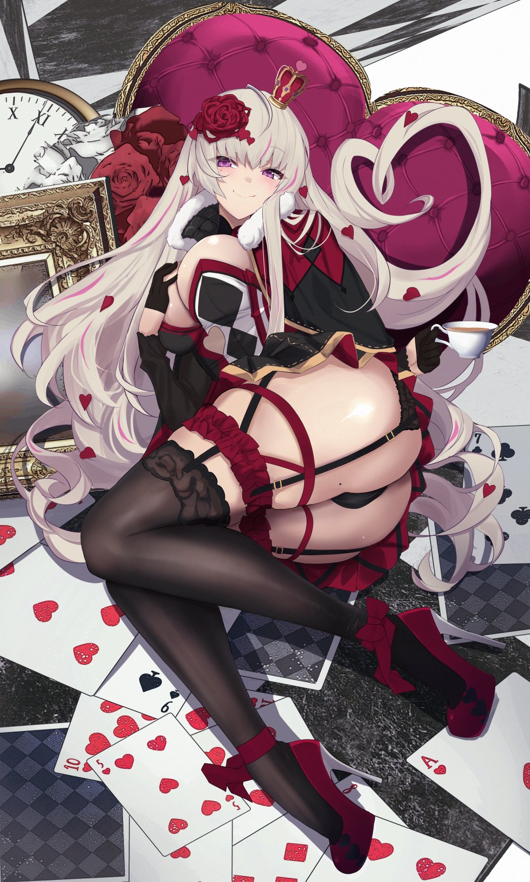 1girl ass black_gloves black_panties black_thighhighs breasts cup flower frilled_thigh_strap garter_straps gloves hair_flower hair_ornament high_heels highres holding holding_cup large_breasts long_hair looking_at_viewer mole mole_under_eye original panties purple_eyes smile solo thigh_strap thighhighs underwear untue