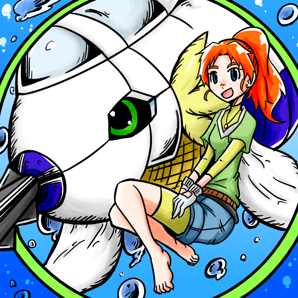 1girl bubble digimon digimon_(creature) digimon_xros_wars digimon_xros_wars:_toki_wo_kakeru_shounen_hunter-tachi green_eyes harpoon mizuki_(digimon) ponytail submarimon