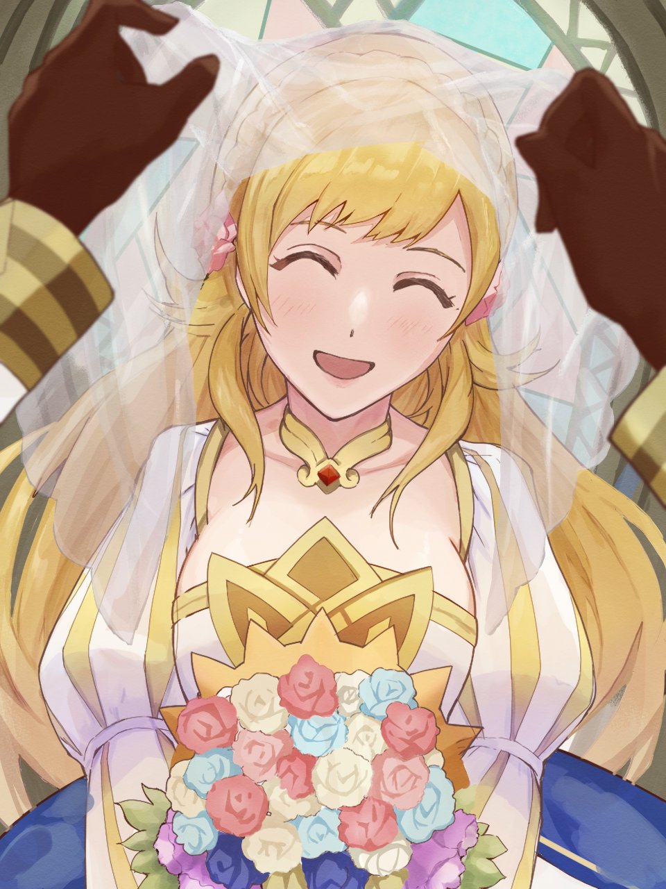 1girl 1other blonde_hair blue_flower blush bouquet breasts bridal_veil bride brown_gloves closed_eyes commentary_request dress fire_emblem fire_emblem_heroes flower gloves highres holding holding_bouquet kiran_(fire_emblem) long_hair long_sleeves medium_breasts mixed-language_commentary nintendo official_alternate_costume open_mouth pov sharena_(bride)_(fire_emblem) sharena_(fire_emblem) smile strixinkagoshim veil wedding_dress