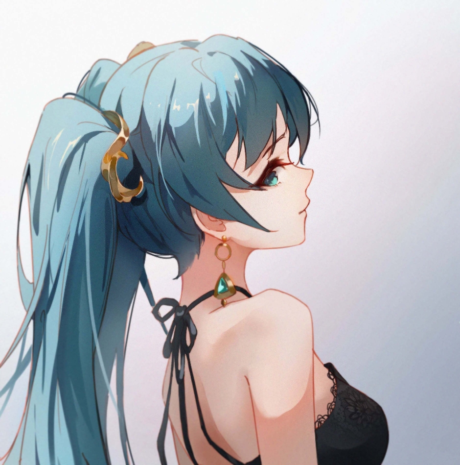 1girl bare_shoulders black_dress blue_eyes blue_hair breasts closed_mouth commentary_request dress earrings from_side gradient_background grey_background hair_ornament hatsune_miku hatsune_miku_(vocaloid4)_(chinese) jewelry long_hair looking_at_viewer looking_to_the_side medium_breasts niya_(niyaoooo) profile sideways_glance sleeveless sleeveless_dress smile solo twintails upper_body vocaloid