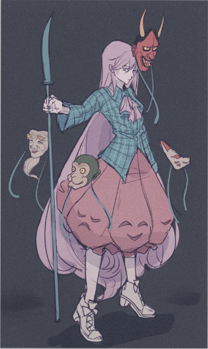 1girl aqua_shirt bow bowtie bubble_skirt full_body grey_background hata_no_kokoro long_sleeves mask pink_bow pink_bowtie pink_hair pink_skirt shirt shoes simple_background skirt solo somayumi standing touhou