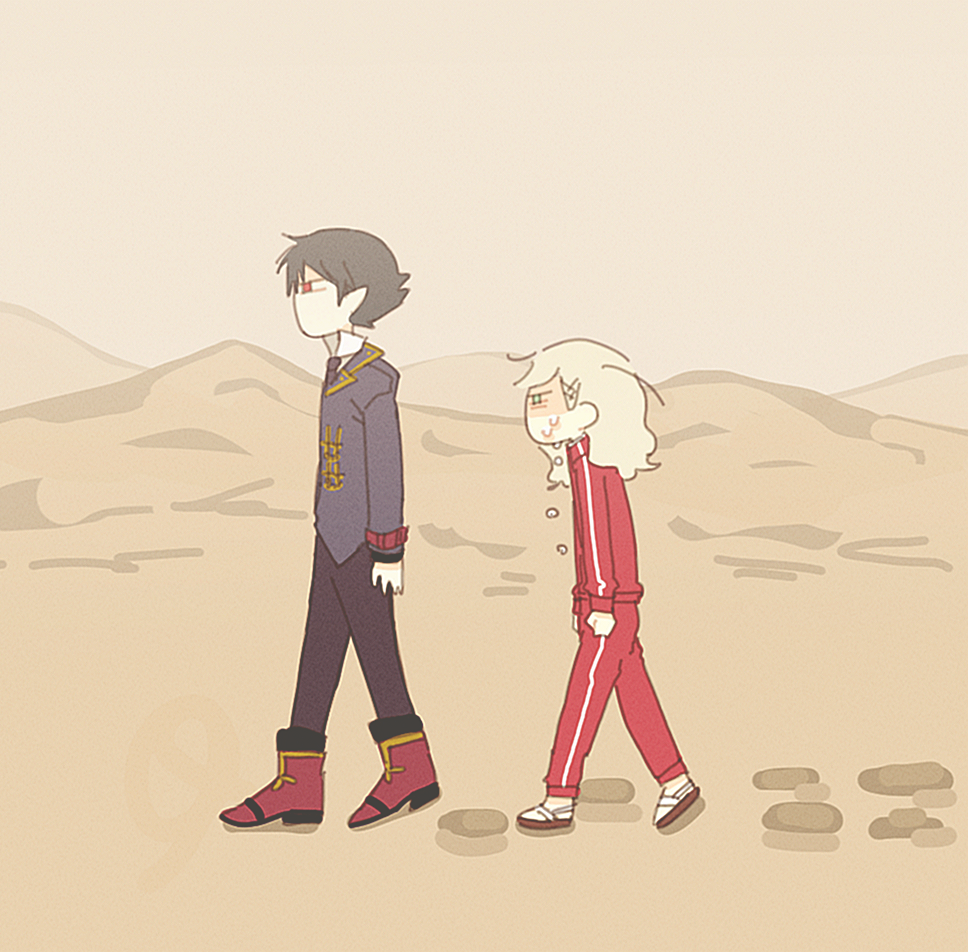 1boy 1girl arne_neuntote arne_no_jikenbo belt belt_buckle black_jacket black_necktie black_pants blonde_hair boots brown_sky buckle clenched_hands collared_jacket collared_shirt commentary commentary_request day desert dress_pants english_commentary flat_color footprints from_side full_body green_eyes hair_ornament hairclip high_collar high_heel_boots high_heels hot jacket jitome lapels layered_sleeves long_hair long_sleeves looking_ahead loose_hair_strand lynn_reinweiss mixed-language_commentary necktie no_mouth notched_lapels outdoors pale_skin pants pointy_ears red_belt red_boots red_eyes red_jacket red_pants shaded_face shirt shoes shuntaro_(tya_nya0000) sneakers sweat sweatpants track_jacket walking white_shirt white_shoes wrist_belt x_hair_ornament