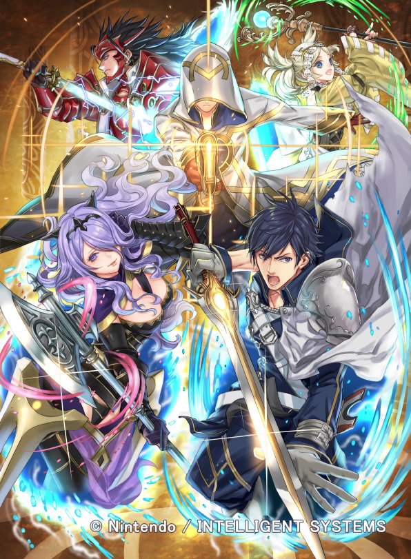 2girls 3boys armor axe battle_axe black_hair blonde_hair blue_eyes blue_hair breasts brother_and_sister brown_gloves camilla_(fire_emblem) cape chrom_(fire_emblem) cleavage closed_mouth company_connection company_name copyright_name falchion_(fire_emblem) fire_emblem fire_emblem_awakening fire_emblem_cipher fire_emblem_fates fire_emblem_heroes gloves hair_over_one_eye helmet holding holding_sword holding_weapon hood hooded_coat katana kiran_(fire_emblem) male_kiran_(fire_emblem) kuroba.k kuroba_k large_breasts lips lipstick lissa_(fire_emblem) long_coat long_hair makeup multiple_boys multiple_girls nintendo official_art open_mouth pants purple_eyes purple_hair ryoma_(fire_emblem) short_hair short_twintails shoulder_armor siblings staff sword twintails weapon wide_sleeves