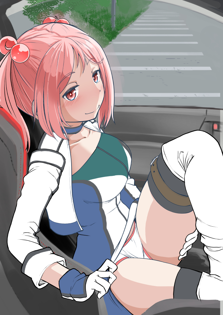 1girl akebono_(kancolle) akebono_(kancolle)_(cosplay) akebono_(race_queen)_(kancolle) alternate_breast_size breasts car_interior commentary_request cosplay dress gloves hair_bobbles hair_ornament jacket kantai_collection looking_at_viewer medium_breasts mimofu_(fullhighkick) multicolored_dress multicolored_gloves panties pink_eyes pink_hair race_queen sazanami_(kancolle) short_hair sitting solo thighhighs twintails underwear white_gloves white_jacket white_panties white_thighhighs