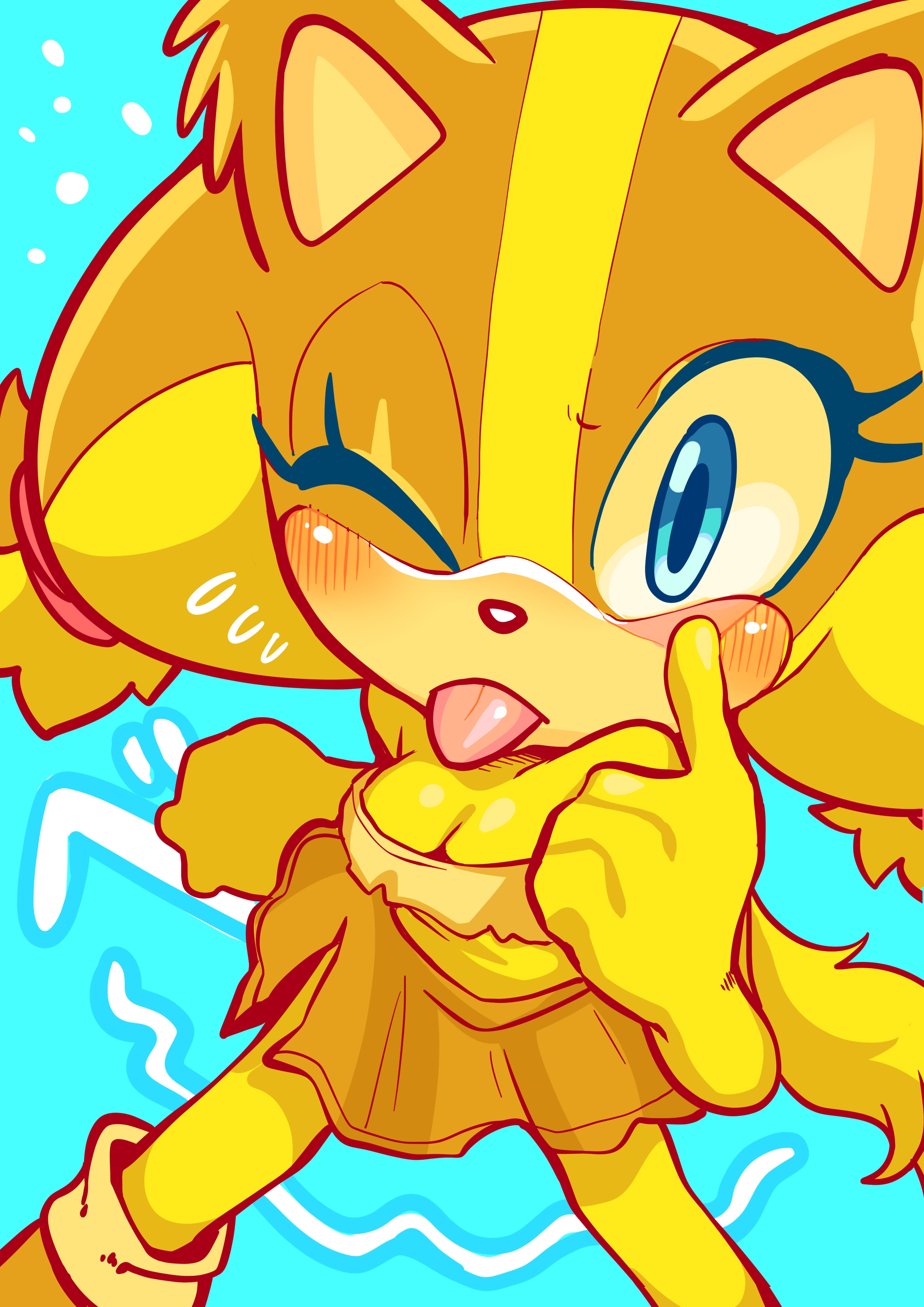 absurdres artist_request blue_eyes blush brown_fur hair_tie highres jungle_girl legs making_fun_of orange_fur sega shoes skirt sonic_(series) sonic_boom_(series) sticks_the_badger strapless tongue tongue_out tube_top twintails