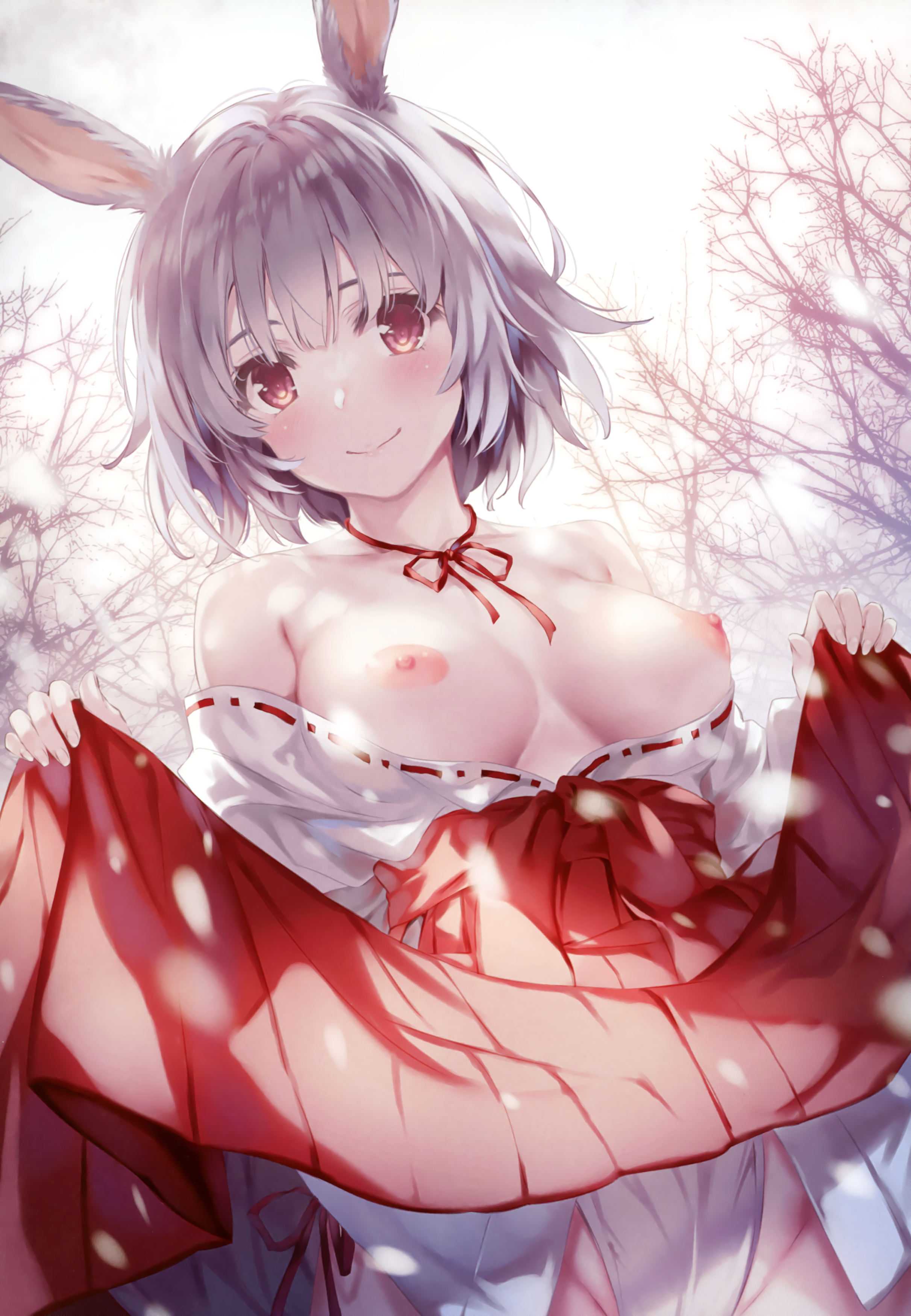 1girl absurdres animal_ear_fluff animal_ears bare_shoulders blush bow bowtie branch breasts closed_mouth collarbone comic_aun day fingernails hakama hakama_skirt highres holding japanese_clothes kimono lifting_own_clothes lips looking_at_viewer misaki_kurehito nipples off_shoulder outdoors rabbit_ears red_eyes red_hakama scan short_hair simple_background skirt small_breasts smile snowing white_hair