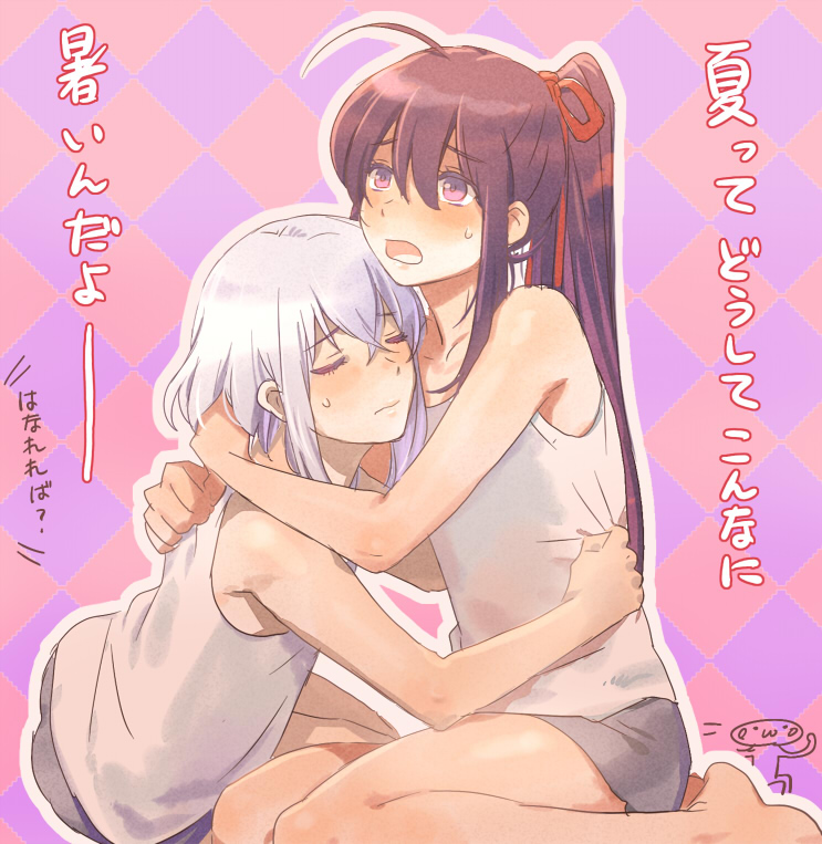 2boys ahoge black_hair blush closed_eyes high_ponytail honebami_toushirou honebami_toushirou_(kiwame) hug male_focus mizuhara_aki multiple_boys namazuo_toushirou namazuo_toushirou_(kiwame) ponytail purple_eyes shorts silver_hair tank_top touken_ranbu translation_request