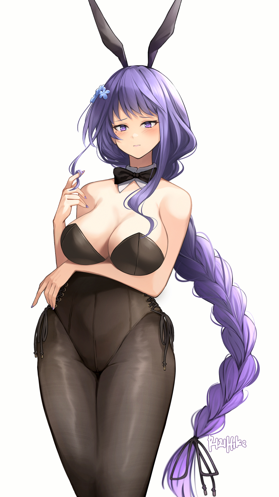 1girl alternate_costume animal_ears arm_under_breasts bare_arms bare_shoulders black_bow black_bowtie black_leotard black_pantyhose blue_flower blush bow bowtie braid breasts cleavage closed_mouth collar commentary cowboy_shot cross-laced_clothes detached_collar embarrassed english_commentary fake_animal_ears flower genshin_impact hair_flower hair_ornament hand_up highleg highleg_leotard highres large_breasts legs_together leotard long_hair looking_at_viewer low-braided_long_hair low-tied_long_hair mole mole_under_eye nail_polish pantyhose playboy_bunny playing_with_own_hair purple_eyes purple_hair purple_nails rabbit_ears raiden_shogun raised_eyebrows rizihike side-tie_leotard sidelocks signature simple_background single_braid solo strapless strapless_leotard thighs twirling_hair very_long_hair white_background white_collar wing_collar