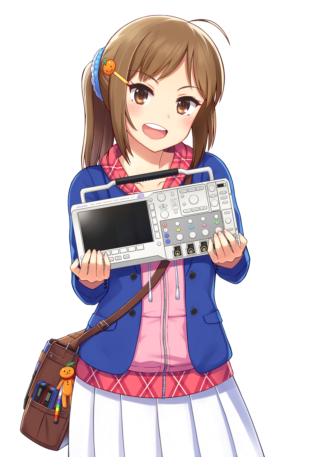 1girl :d ahoge bad_id bad_pixiv_id bag blue_jacket blush brown_eyes brown_hair contrapposto cowboy_shot electronics_engineering female_focus hair_ornament hairclip highres holding hood hood_down hoodie jack-o&#039;-lantern jacket long_hair looking_at_viewer open_mouth original oscilloscope oyaji-sou pink_hoodie pleated_skirt ponytail scrunchie shoulder_bag simple_background skirt smile solo standing white_background white_skirt zipper
