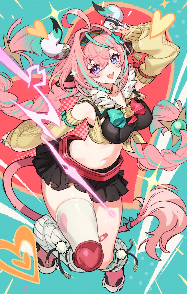1girl :d ahoge animal_ears aqua_background aqua_bow aqua_hair bandaid bell black_skirt bow braid breasts cow_ears cow_girl cow_horns cow_tail cowbell crop_top detached_sleeves full_body genshin_impact hair_intakes hairband hand_up hashtag-only_commentary heart heart_background highres honlo horns large_breasts long_braid low_twin_braids midriff miniskirt multicolored_hair navel open_mouth pink_bow pink_hair purple_eyes shoe_soles shoes single_thighhigh skirt smile solo streaked_hair tail thighhighs thighs twin_braids two-tone_bow two-tone_hair varesa_(genshin_impact) white_thighhighs